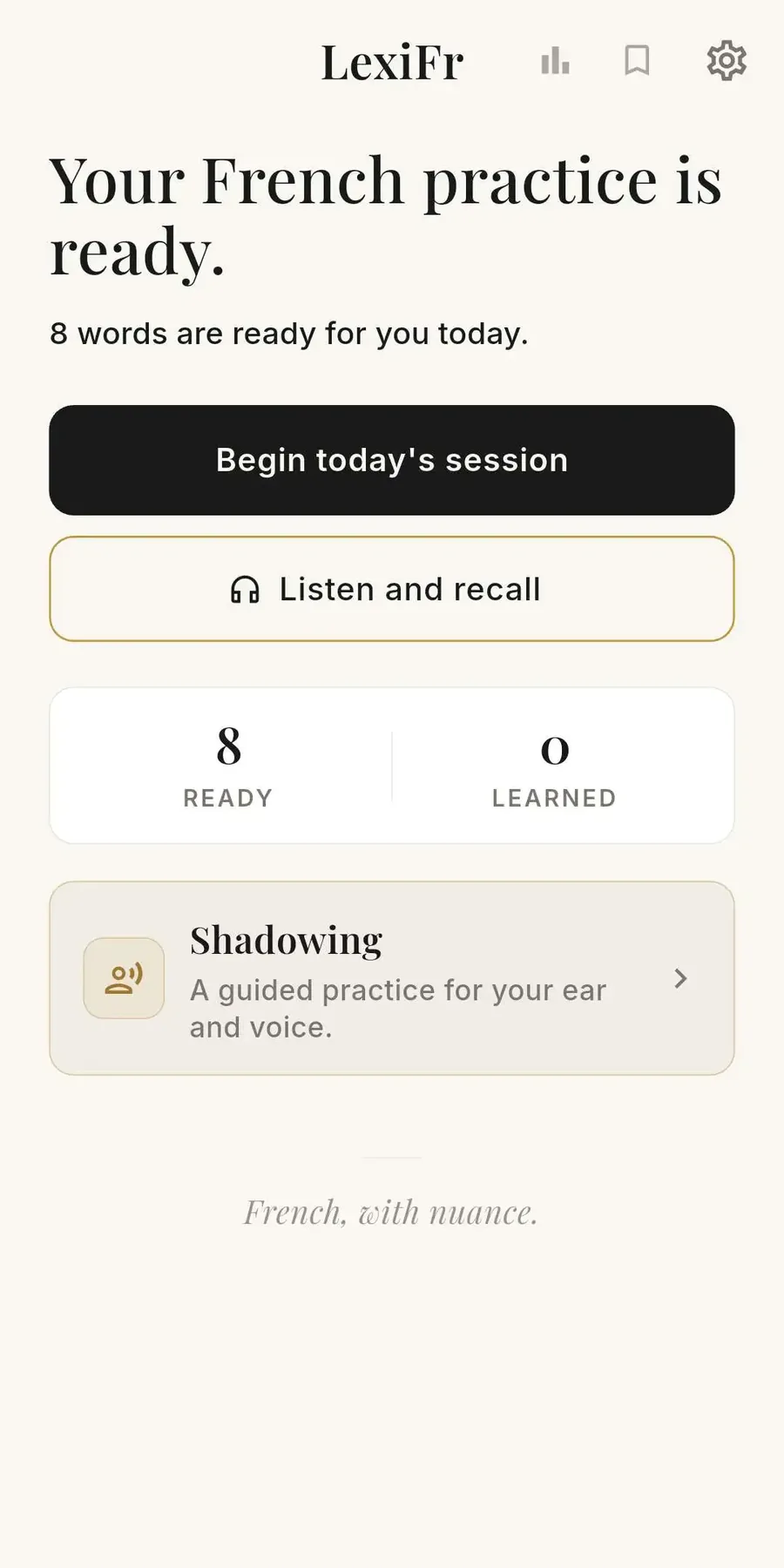 LexiFr home screen with eight French words ready for today and a Begin today's session button