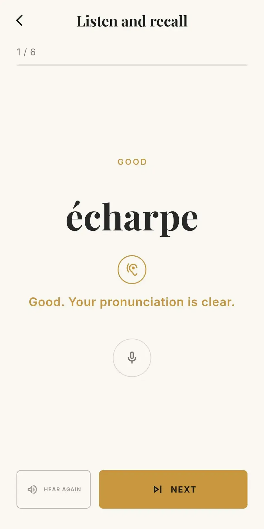 LexiFr listening screen practicing pronunciation of the French word écharpe, with a microphone and a clear-pronunciation feedback line