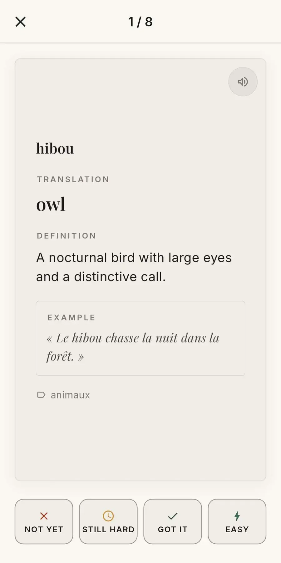LexiFr review card showing the French word hibou with its translation, definition, and an example sentence in French